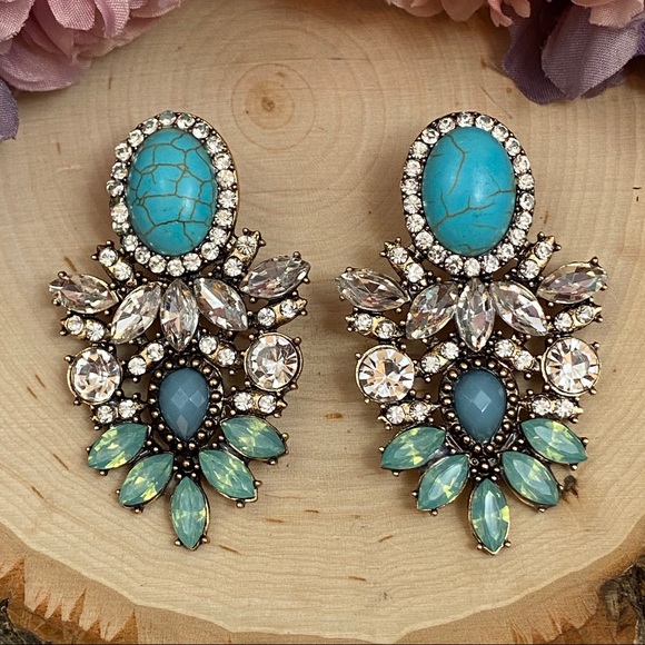 Vintage Turquoise and Crystal Statement Earrings - Picture 4 of 10